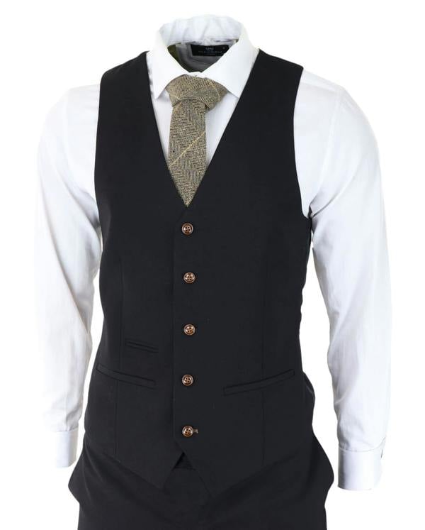 Paul Andrew Mens Black 3 piece Suit Brown Trim Classic Birdseye Vintage Wedding Grooms