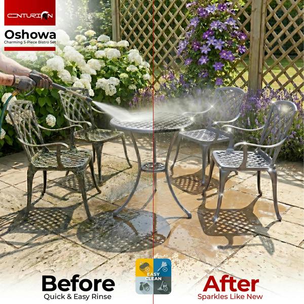 Homeology OSHOWA Luxurious Garden and Patio Table and 4 Large Chairs with Armrests Cast Aluminium Bistro Set - Grey with Green Cushions