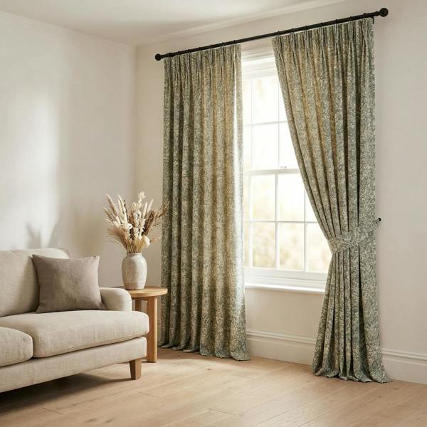 Marseille made-to-measure curtains in Spruce, styled in a living room