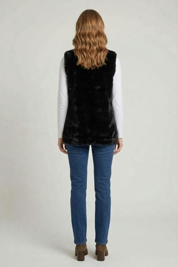 Black | Faux Fur Longline Open Front Gilet