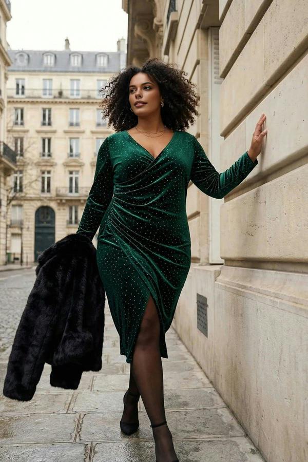 WOVCOR V-Neck Midi Embellished Velvet Knit Plus Size Dress
