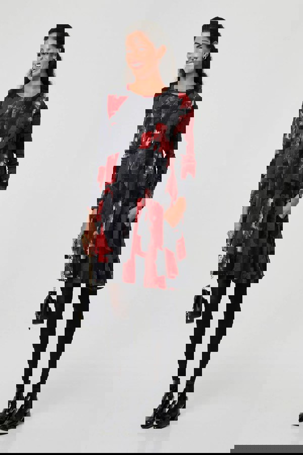 Red | Printed Long Sleeve Short Shift Dress
