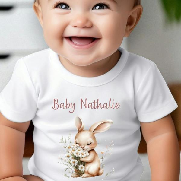 Personalised Daisy Bunny Baby Grow, Vest or Bib with Name