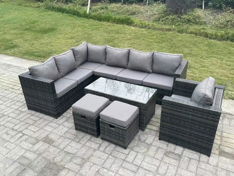 Fimous 9 Seater Rattan Corner Sofa Lounge Sofa Set With Rectangular Coffee Table 2 Stool Dark Grey Mixed Left Hand