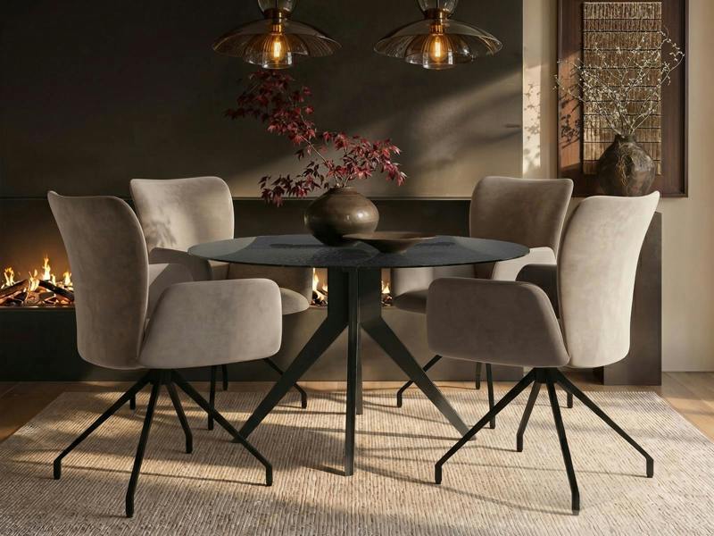 SOLACE+CO Emil Round Glass Dining Table with 4 Kora Chairs Set