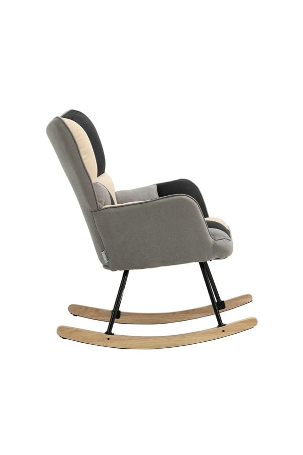 Living and Home Beige Grey Black Check Tufted Linen Patchwork Rocking Chair