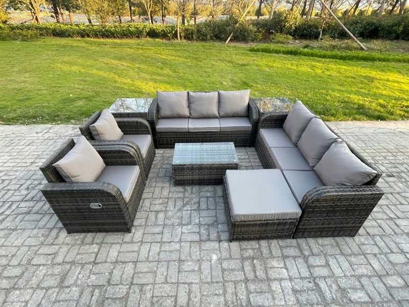 Fimous Rattan Outdoor Garden Furniture Sofa Set Patio Table & Chairs Set with 3 Seater Sofa Reclining Chair 2 Side Table Big Footstool Dark Grey Mixed