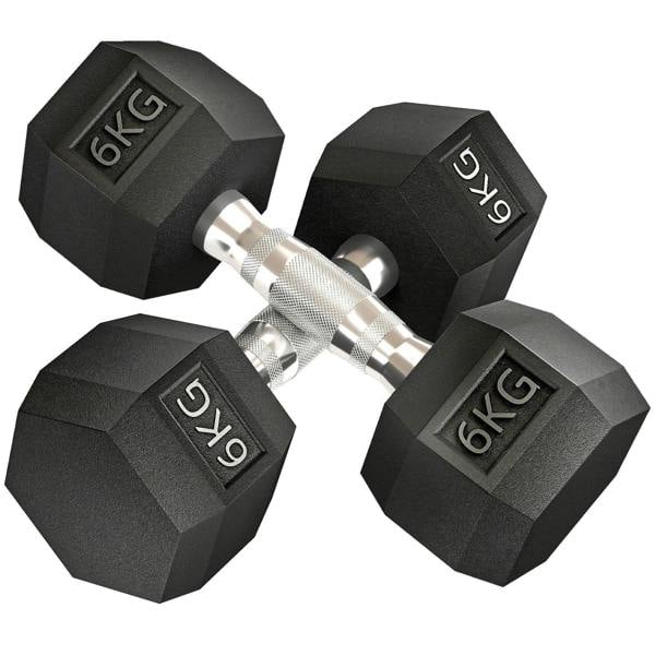 Black hex rubber dumbbells set with 6 kg markings and chrome knurled handles