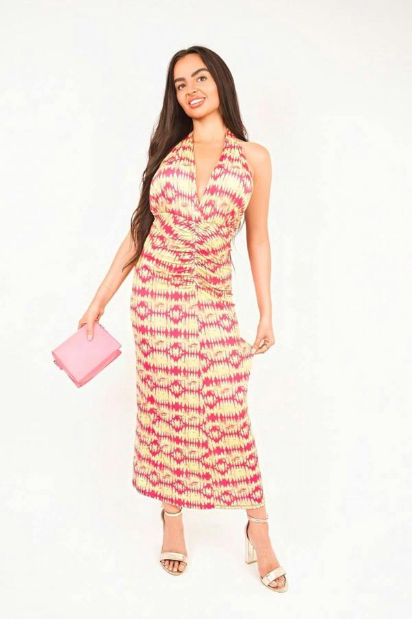 Seraya Halter Neck Ruched Abstract Print Midi Dress - Pink