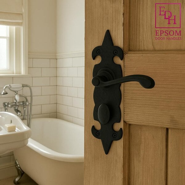 EDH Door Hardware Black Cast Iron Fleur-de-Lys Bathroom Door Handles – Antique Privacy Lever Set