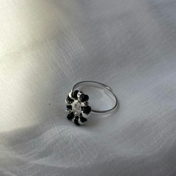 The Colourful Aura Adjustable Silver Black Floral Slim Daisy Dainty Midi Ring