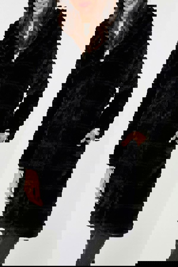 Black | Faux Fur Thigh Length Hooded Jacket
