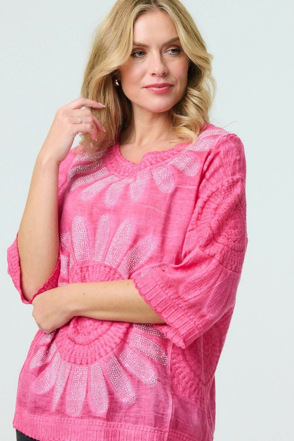 Pink | Floral Diamante Stud 3/4 Sleeve Knit Top
