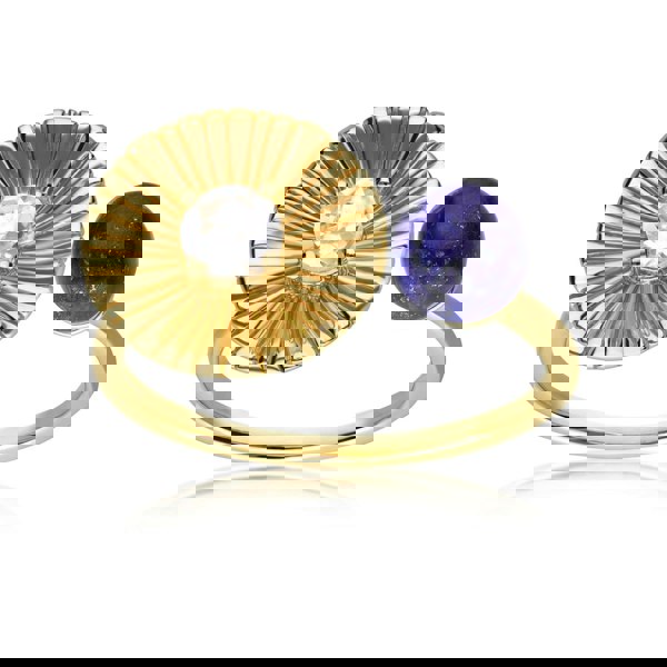 270R062601925 Caruso Lapis Lazuli & White Topaz Floral Open Ring In Yellow Gold Plated Silver 4