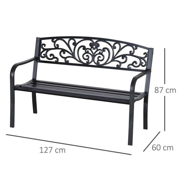 Black 2-seat garden bench, 127 x 60 cm, with scroll back and slatted seat