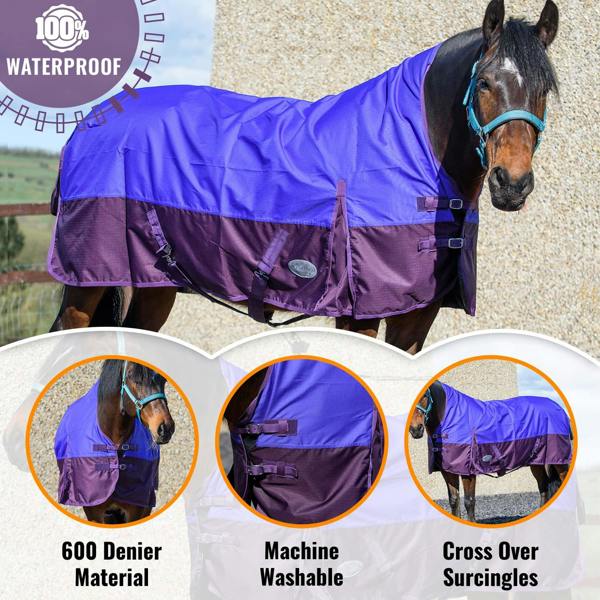 eQuitack 600D Outdoor Winter Lightweight Waterproof Horse Turnout Rug 0g No Fill Half Neck Nylon Lined Double Buckle Purple/Plum