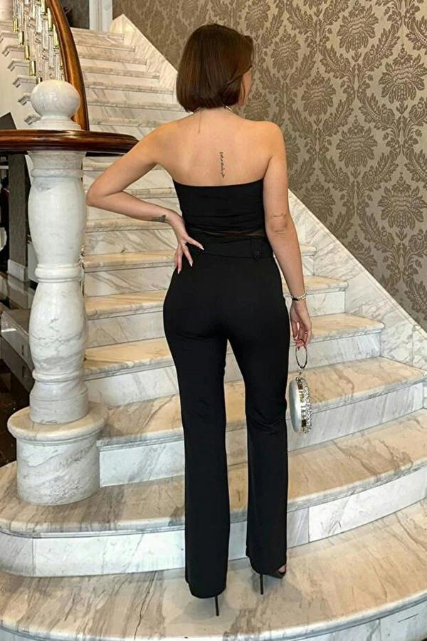 WOVCOR 2-Piece Strapless Tulle Detail Woven Blouse and Pants Set