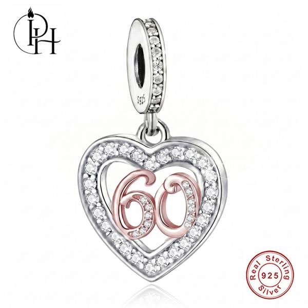 Parus Home 60th Birthday Charm Pandora Compatible 925 Sterling Silver Heart Dangle, Women Bracelet Gift