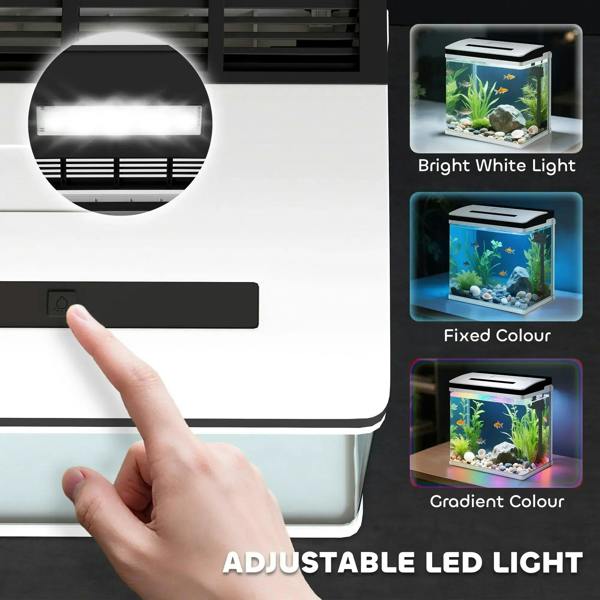 White LED glass aquarium tank with adjustable light panel and filter tubing