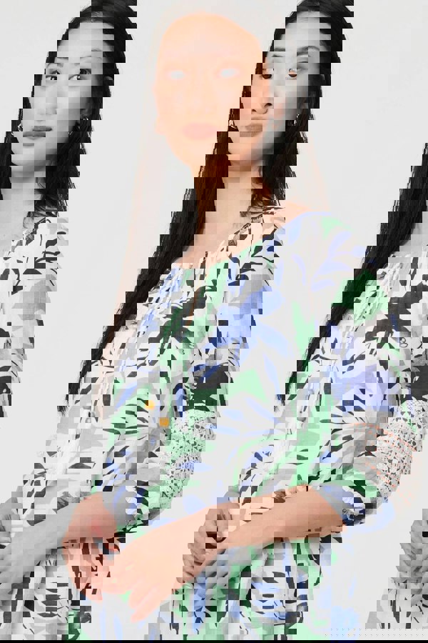 Green | Leaf Print Lace Trim Bardot Blouse
