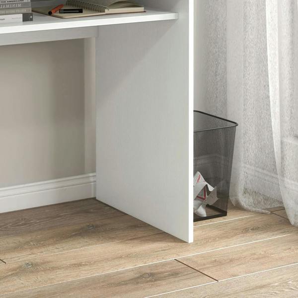 White wood-grain desk cabinet opening with storage space and lower shelf