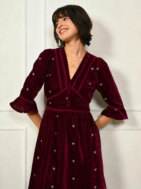 Rose & Nancy Giselle Burgundy Embroidery Velvet Midi Dress