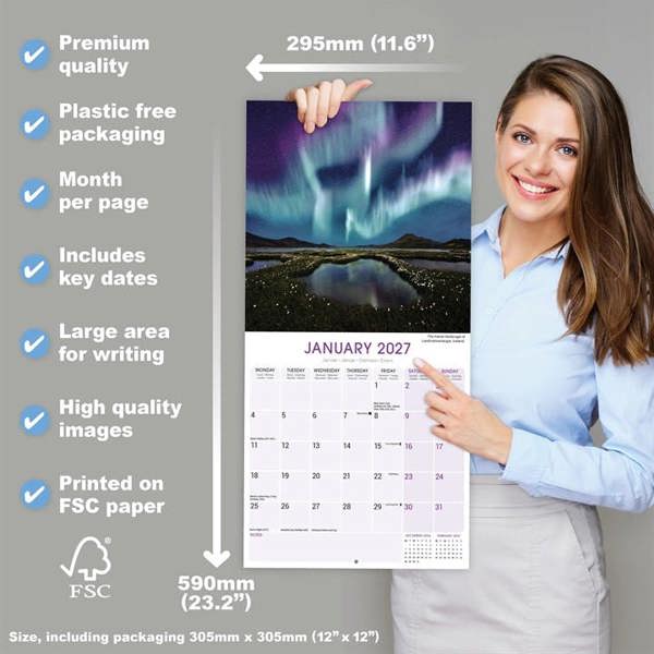 Natural Elements Northern Lights Calendar 2027, Wall Calendars, Month To View, Natural World, Gift
