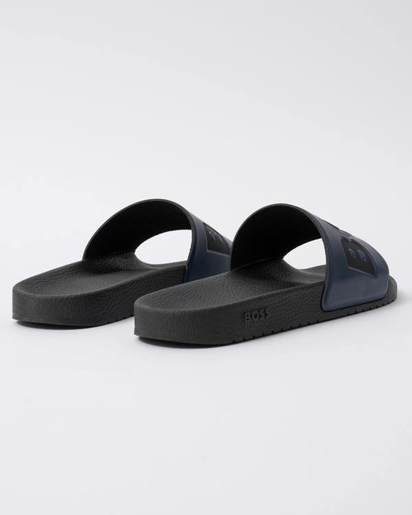 back view of BOSS Orange Aryeh Mens Italian-Made Slides With Large Logo Detail in Dark Blue 406