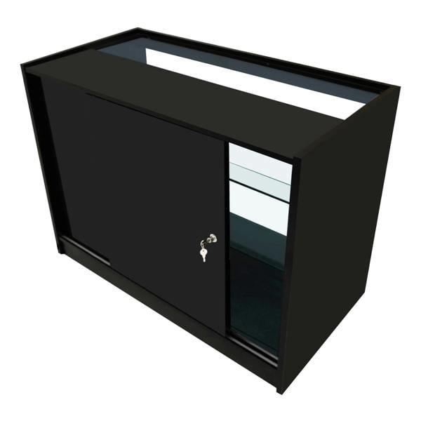 Sleek black Apollo LED shop counter set with sliding door, glass shelves, and modern design, perfect for retail displays