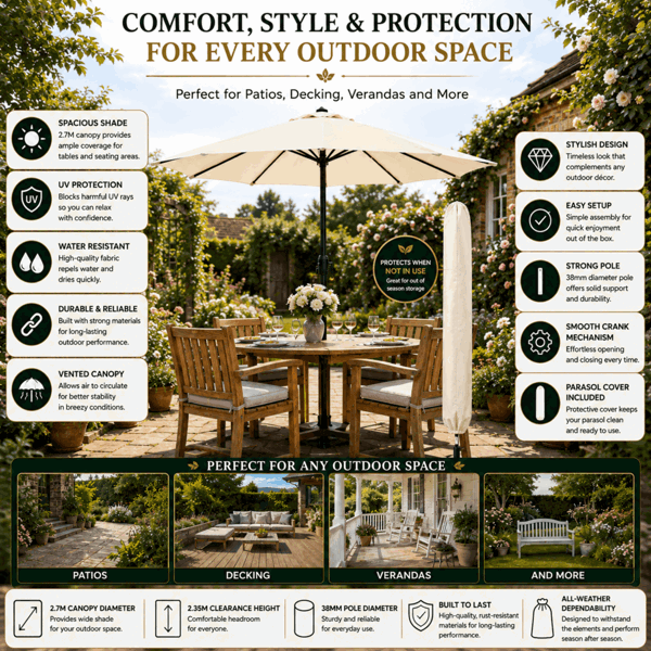 GlamHaus Garden Parasol Table Umbrella 2.7M with Crank Handle UV40 Protection Free Protection Cover Robust Steel Cream