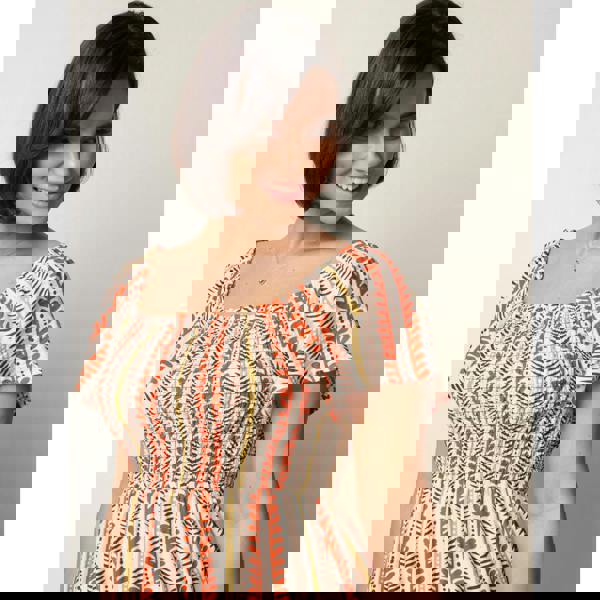 Blue Vanilla Short Sleeve Shirred Waist Abstract Print Dress