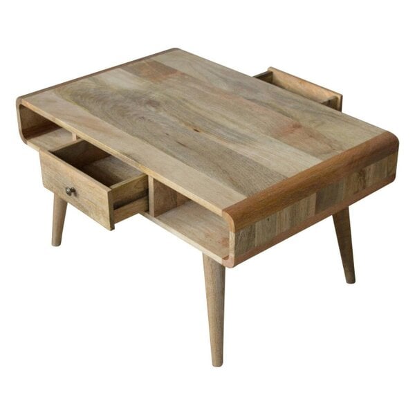 Wyld Haus Urbino Curved Oak Mango Wood Coffee Table 2 Side Drawers Open Shelves