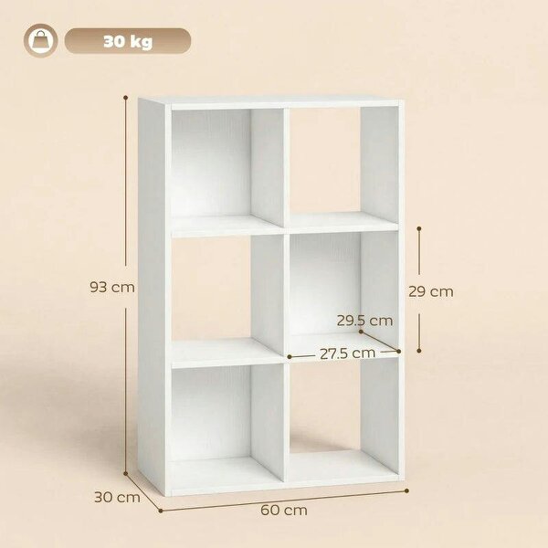 Industrial Style Storage Shelf, Bookcase, Bookshelf with 6 Compartments, for Living Room, Home Study, White Wood Effect