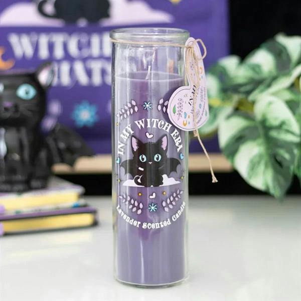 Lavender tube candle with witch cat label on clear glass container