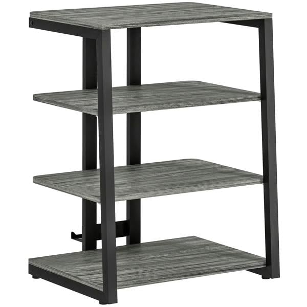 Dark grey HiFi stand with four open storage shelves, thick square legs