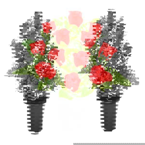 Memorials Direct Premium Artificial Grave Flowers – 29cm Red Frontal Rosebud With Fern & Gypsophila | Memorial Vase Pot