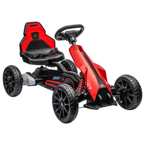 Red kids electric go-kart with black seat, steering wheel, and four large wheels