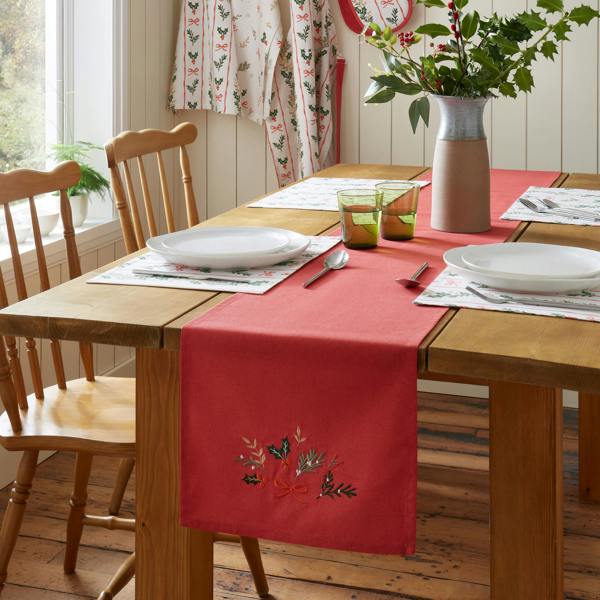 Catherine Lansfield Christmas Holly Stripe Cotton Dining Table Runner Cream / Red