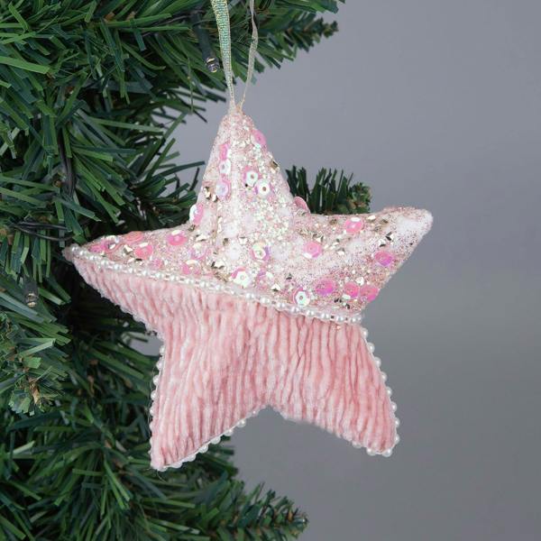 12cm Baby Pink Glitter Star Christmas Hanging Decorations, 3 Piece Festive Tree Ornaments image 2