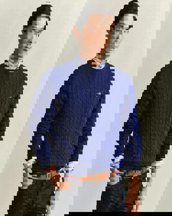 GANT Mens Cotton Cable Knit Crew Neck Jumper - 432 Rich Navy