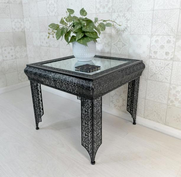 Black Embossed Metal Mirrored Glass Side Table- Agadir range