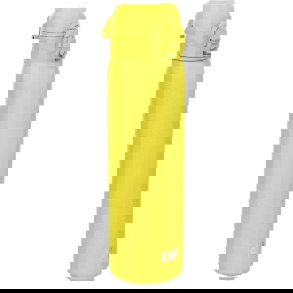 A yellow water bottle stands upright against a white background. ION8 is printed on its side.