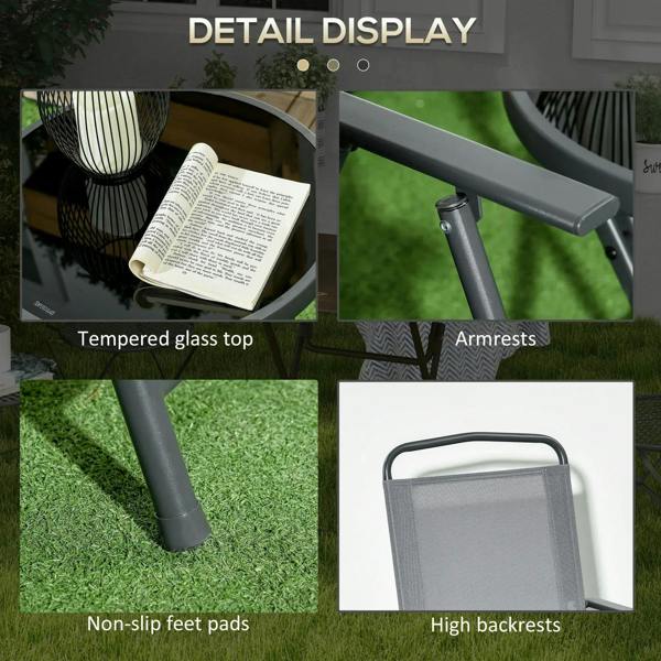 Outdoor folding chair set with high backrests and tempered glass-top table