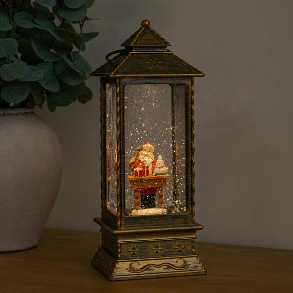 Samuel Alexander 27cm Dual Powered Antique Gold Santa Workshop Christmas Water Spinner Lantern with LEDs