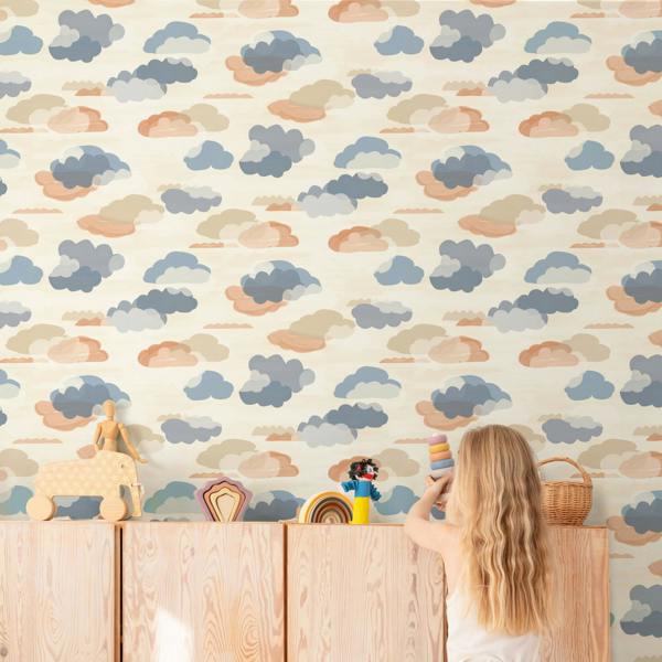 Grandeco Figari Fluffy Clouds Nursery Textured Wallpaper, Blue