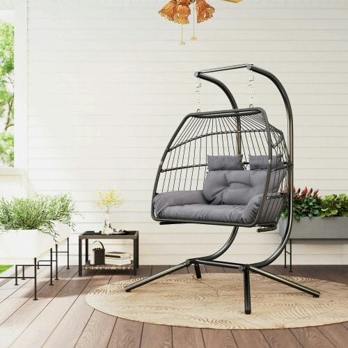Bobobiy Rattan Double Hanging Egg Chair with Stand, Foldable Wicker Swing Egg Chair with Cushion, Steel Frame, Capacity 260 kg, Dark Grey