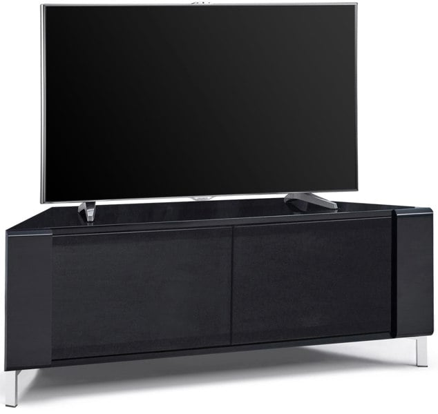 MDA Designs CORVUS Corner-Friendly Gloss Black Contemporary Cabinet with BeamThru Glass Doors Modern Space-Saving Stand for Flat Screen TVs up to 50"