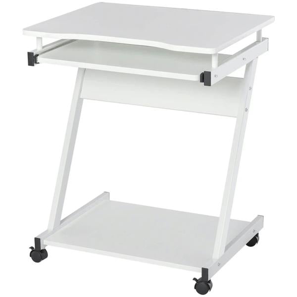 White mobile computer desk with large tabletop and lower shelf on caster wheels