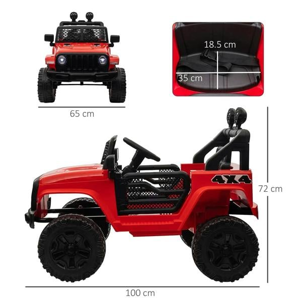 Red 4x4 ride-on car with front and side views plus seat and wheel dimensions.