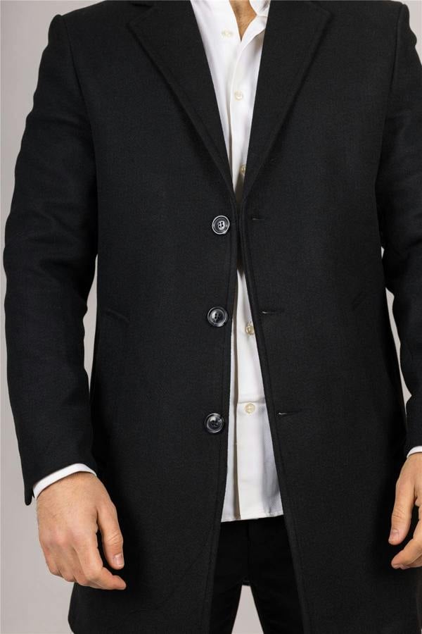 Infinity Leather Men's Notched Lapel Collar Wool Blend Black Overcoat